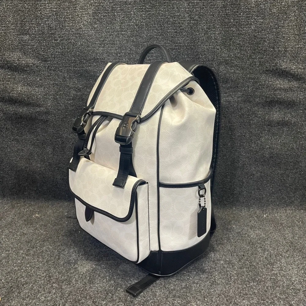 Coach CU201 Chalk/White & Black Leather Signature Canvas League Flap Backpack